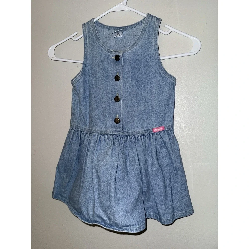 Vintage OshKosh Dress Girls 3t Blue Denim Sleeveless Button Front Sundress USA